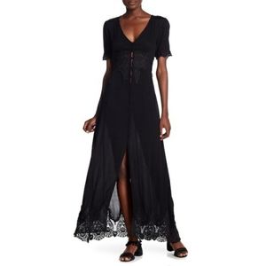 Black Boho Maxi Dress - Crochet Inlays + Buttons